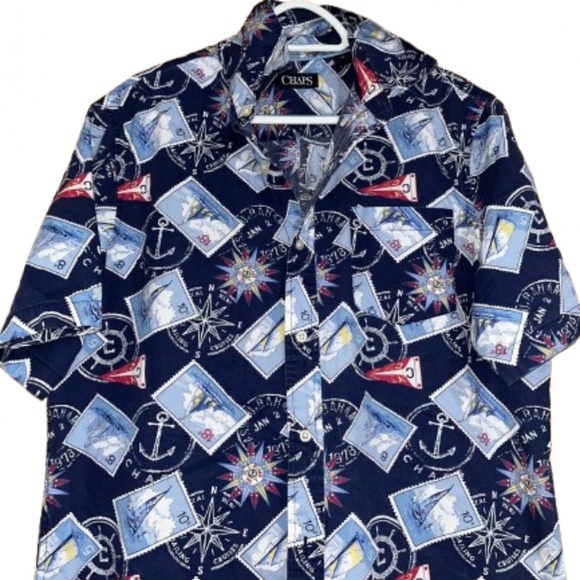 Chaps Men’s Blue Multi “Ocean Cruise Ship | Anchor Compass” Printed Shirt Sz-M - Picture 2 of 4